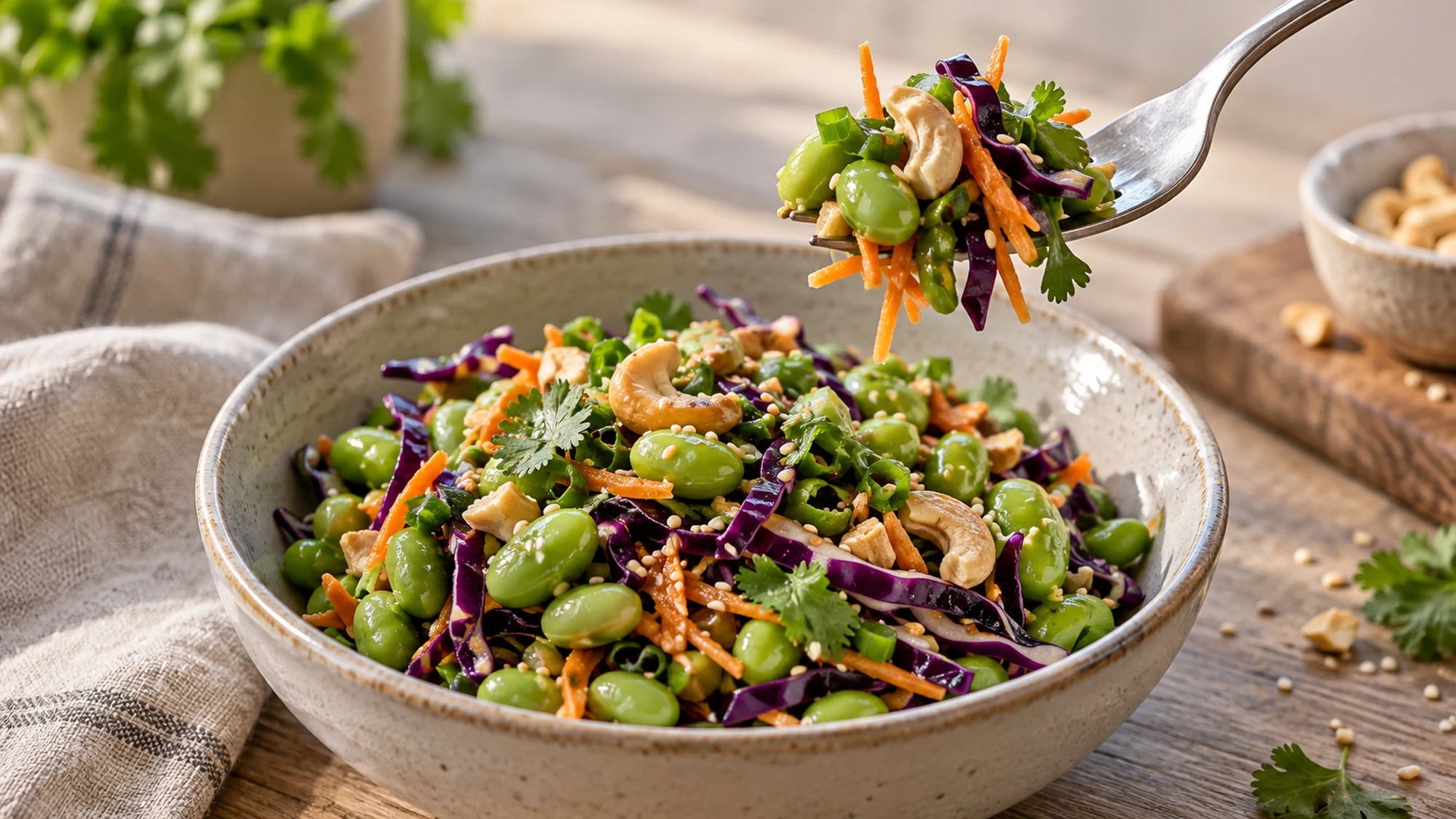 Fork lifting edamame and crunchy cabbage with carrot and roasted cashews
