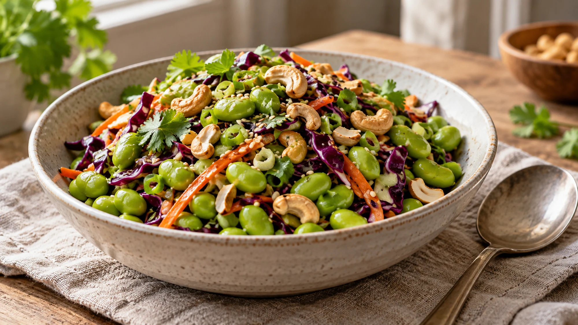 Individual bowl of edamame, cabbage, carrot, and cashews in sesame dressing