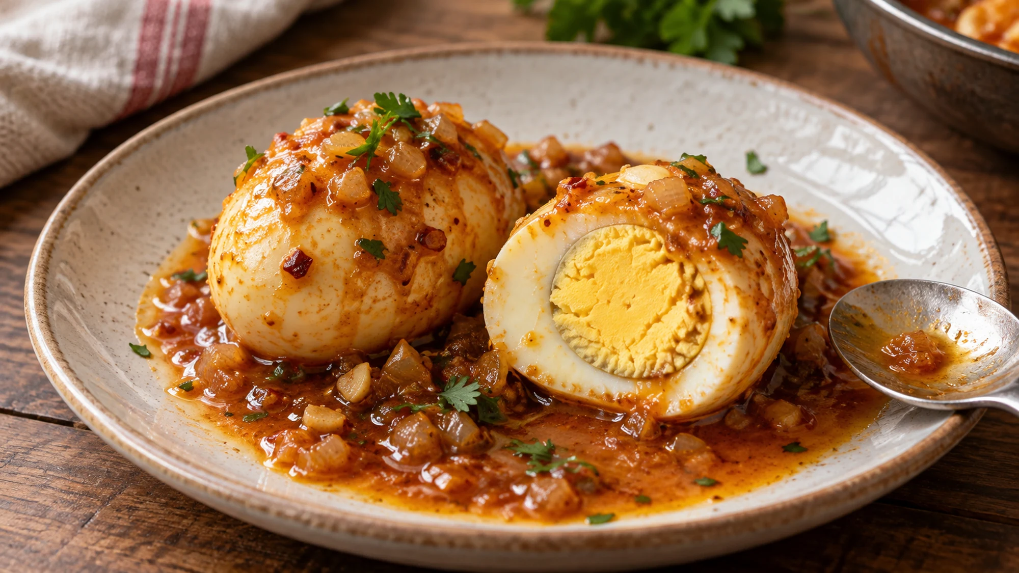 Halved hard-cooked egg with a fully set yellow yolk and onion butter sauce
