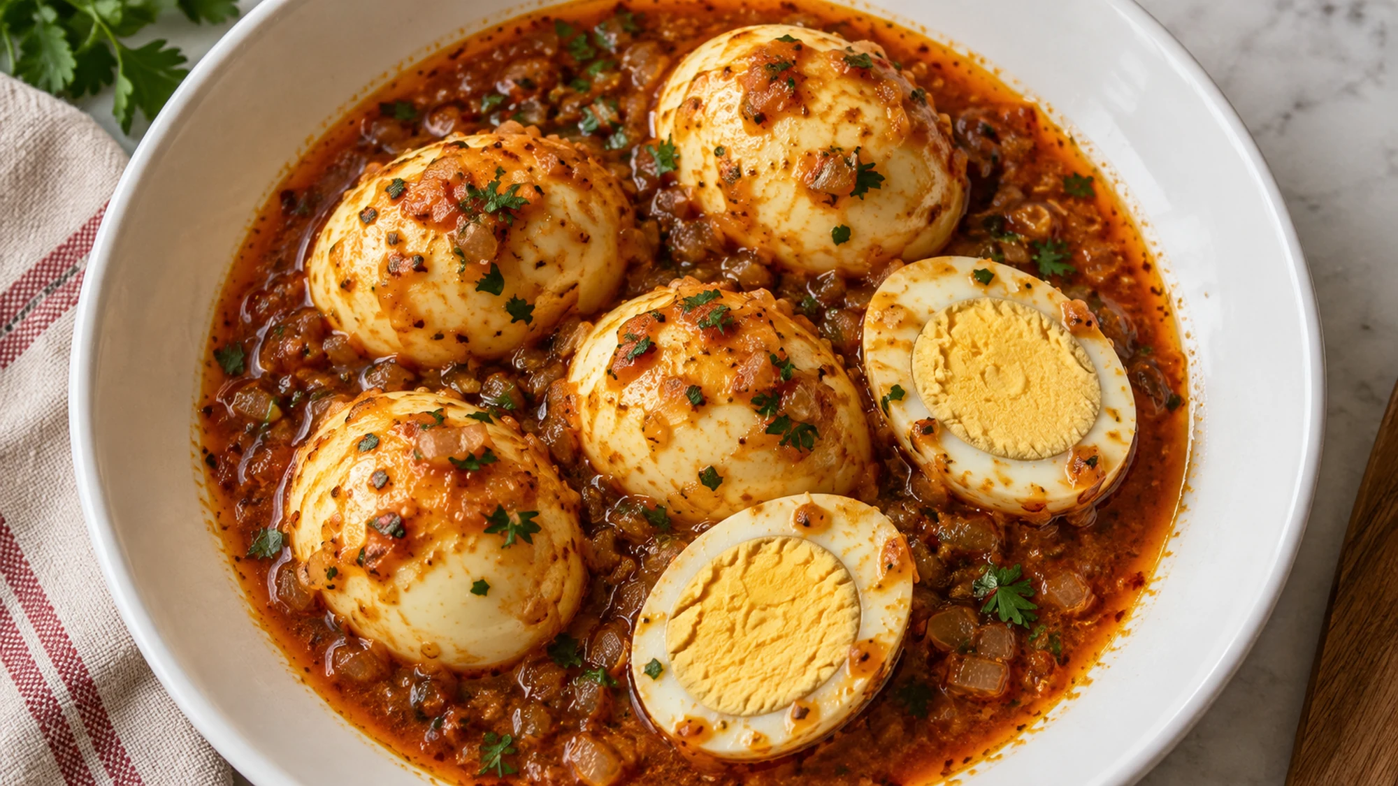 Overhead view of egg boil in a shallow bowl with paprika-red sauce