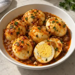 Square close image of egg boil with fully set yolks and warm paprika butter sauce