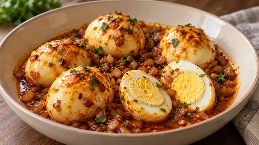 Firm-cooked eggs in paprika garlic butter sauce with softened onion and parsley