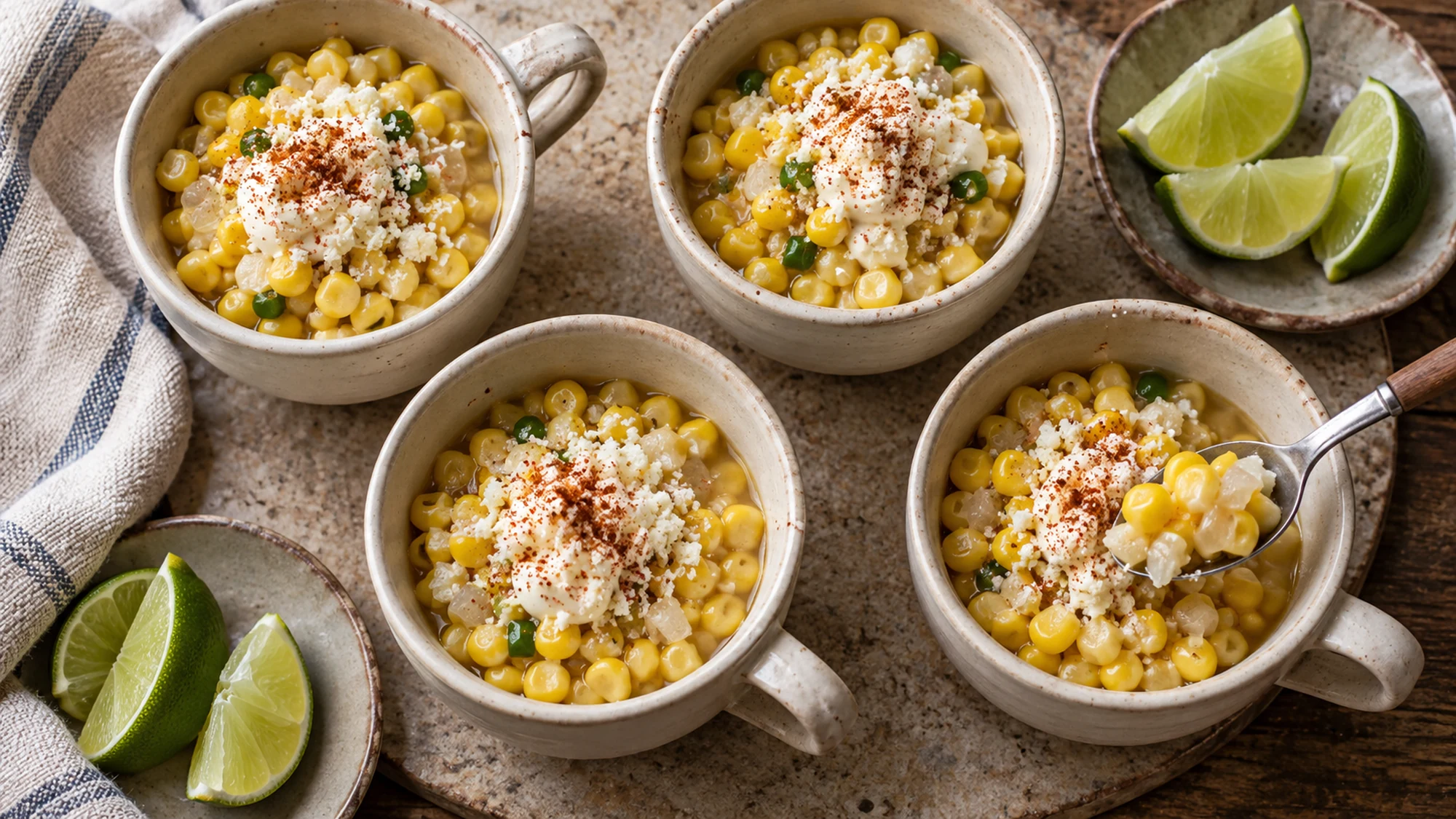 Four cups of simmered sweet corn with Cotija and lime viewed from above