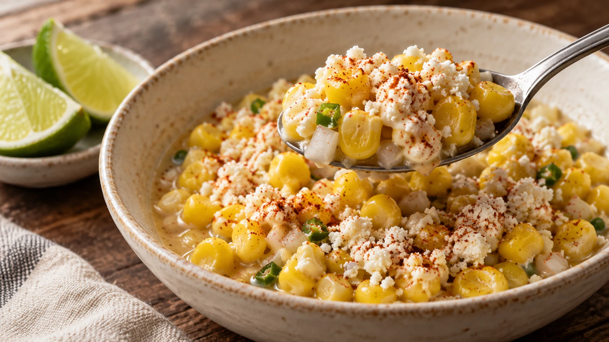 Spoon lifting tender esquite corn with Cotija and chile from a shallow bowl