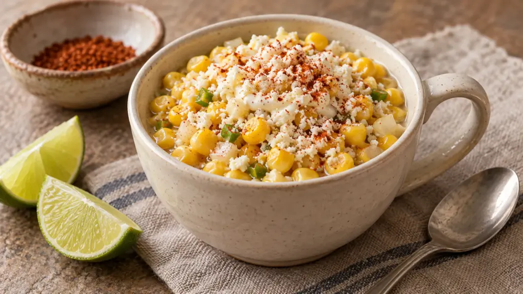 Warm esquite corn cup topped with mayonnaise, Cotija, and red chile beside lime wedges