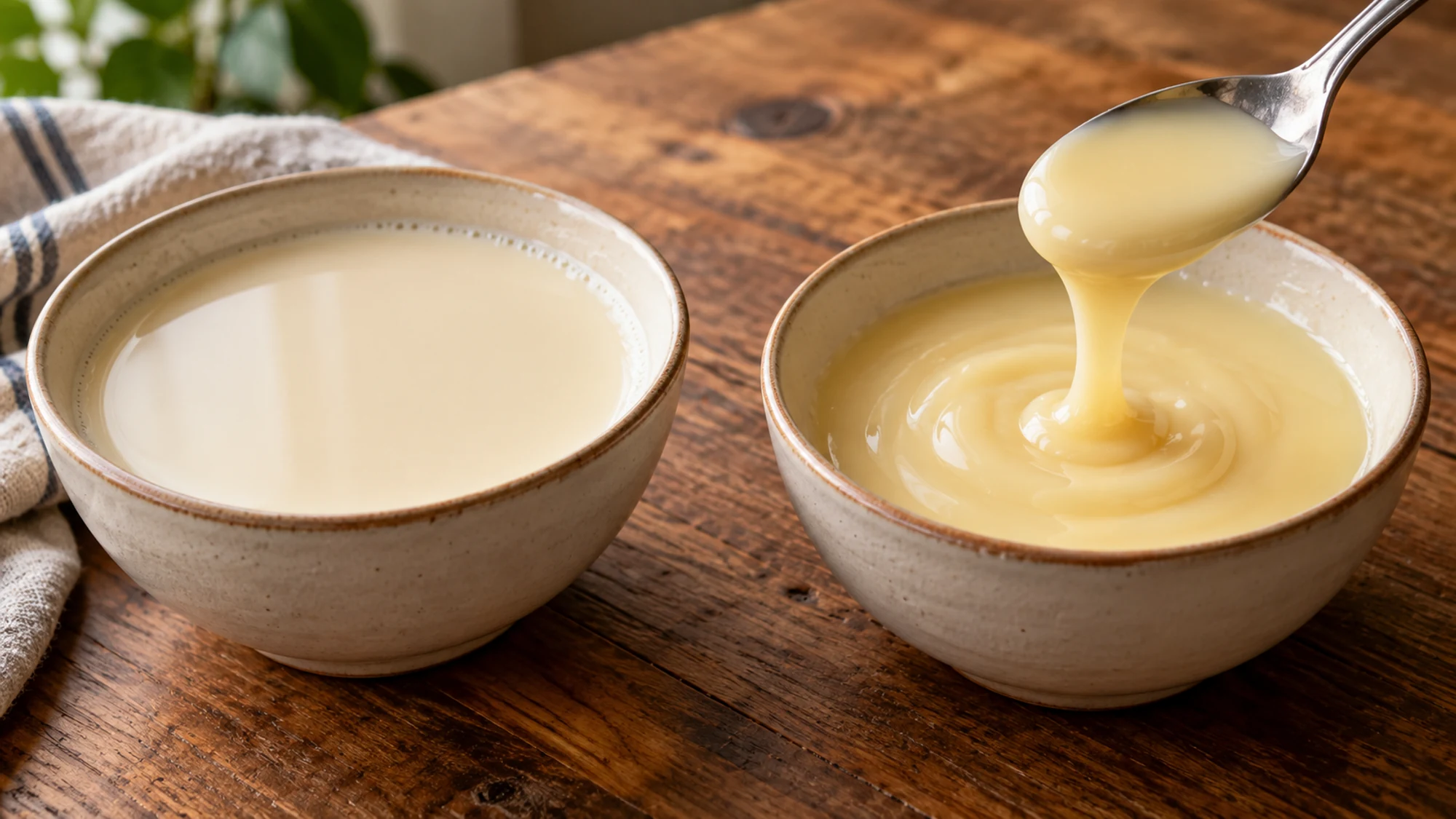 Fluid evaporated milk beside thicker sweetened condensed milk on a spoon