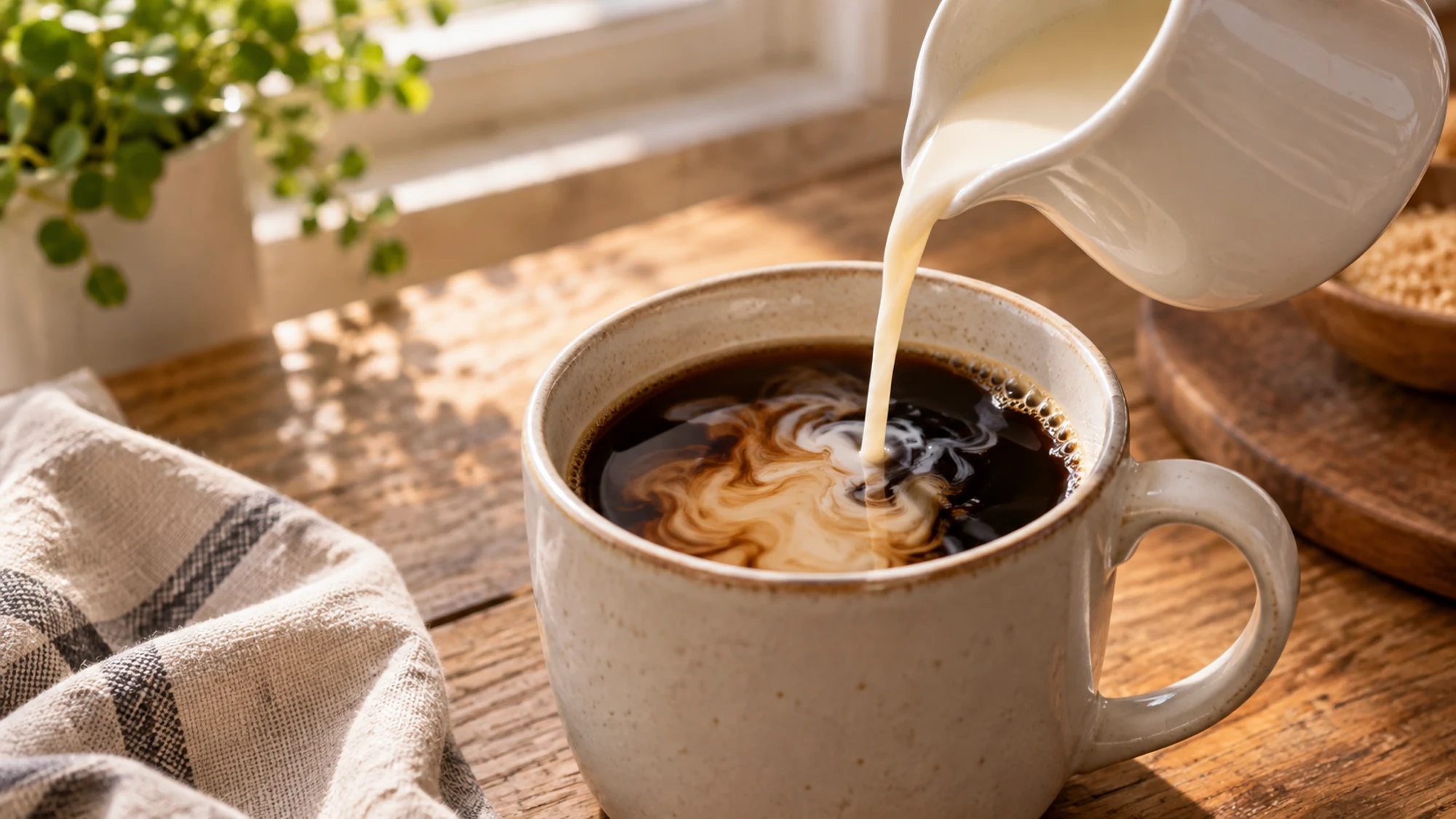 Evaporated milk poured into black coffee from a cream pitcher