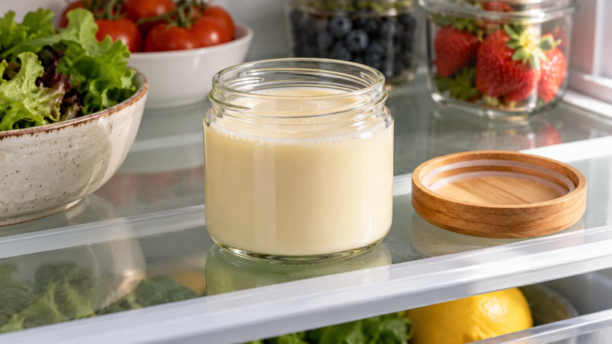 Opened evaporated milk in a clean glass container with its lid beside it in a refrigerator
