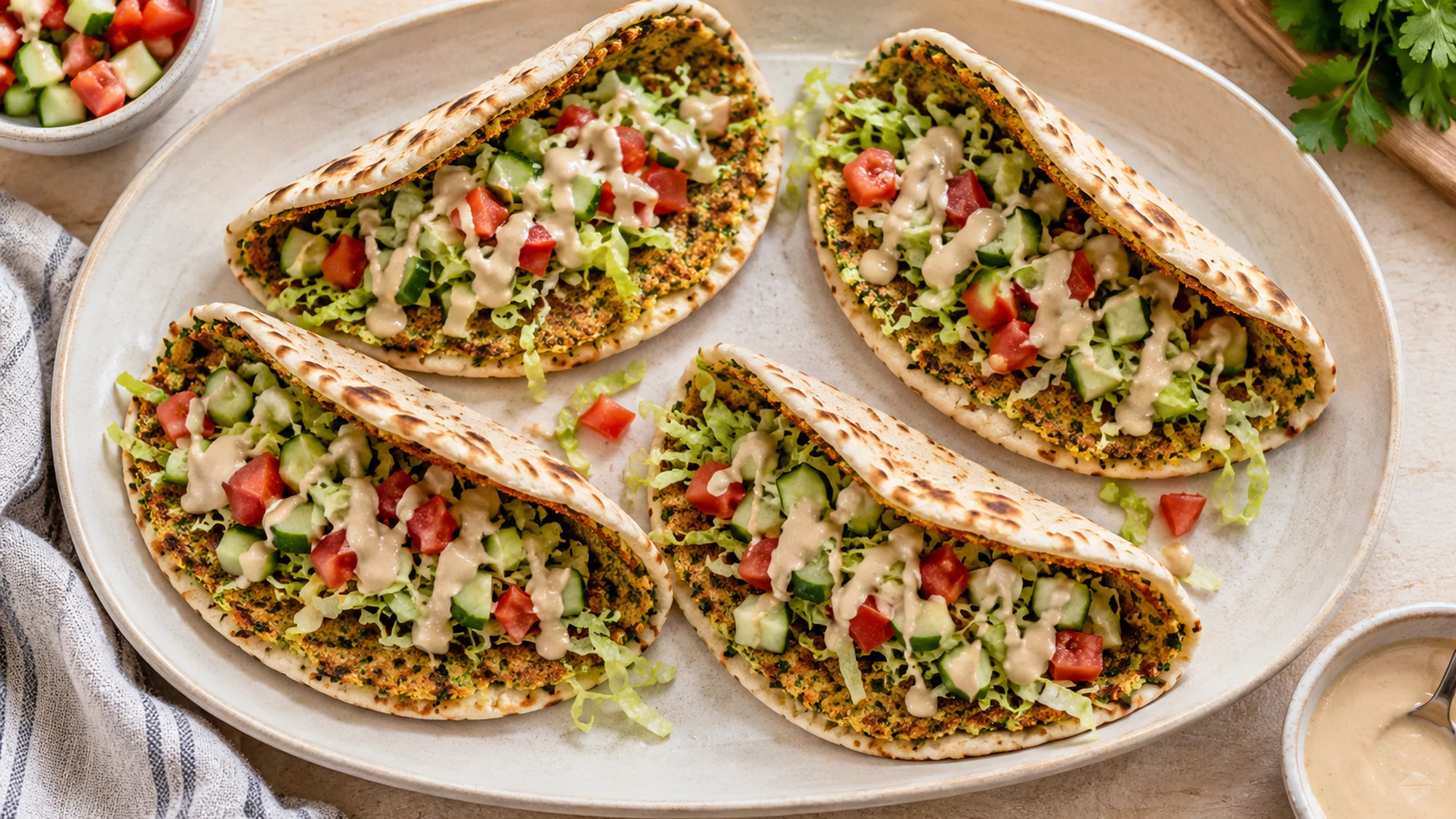 Four falafel smash pitas on a platter viewed from above