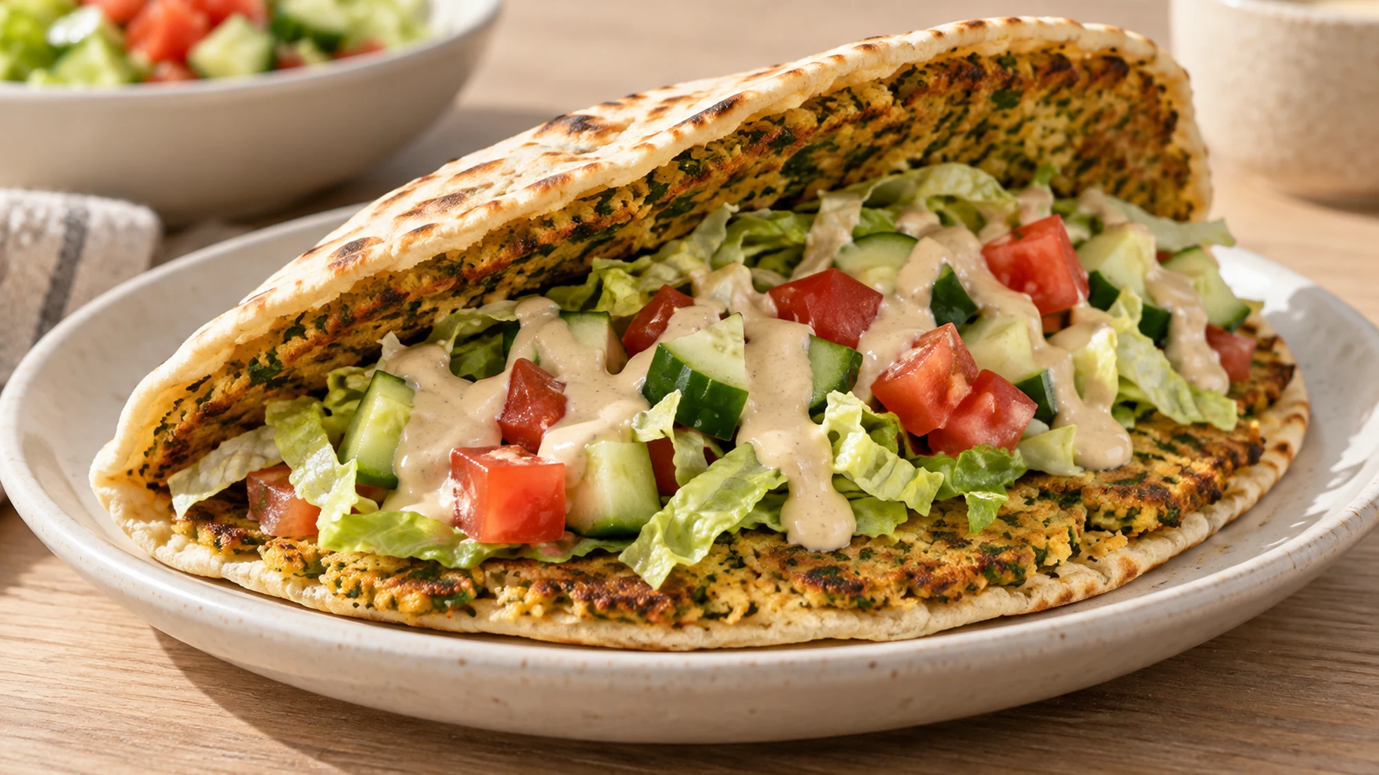 Close view of a folded pita showing its thin chickpea crust and fresh filling