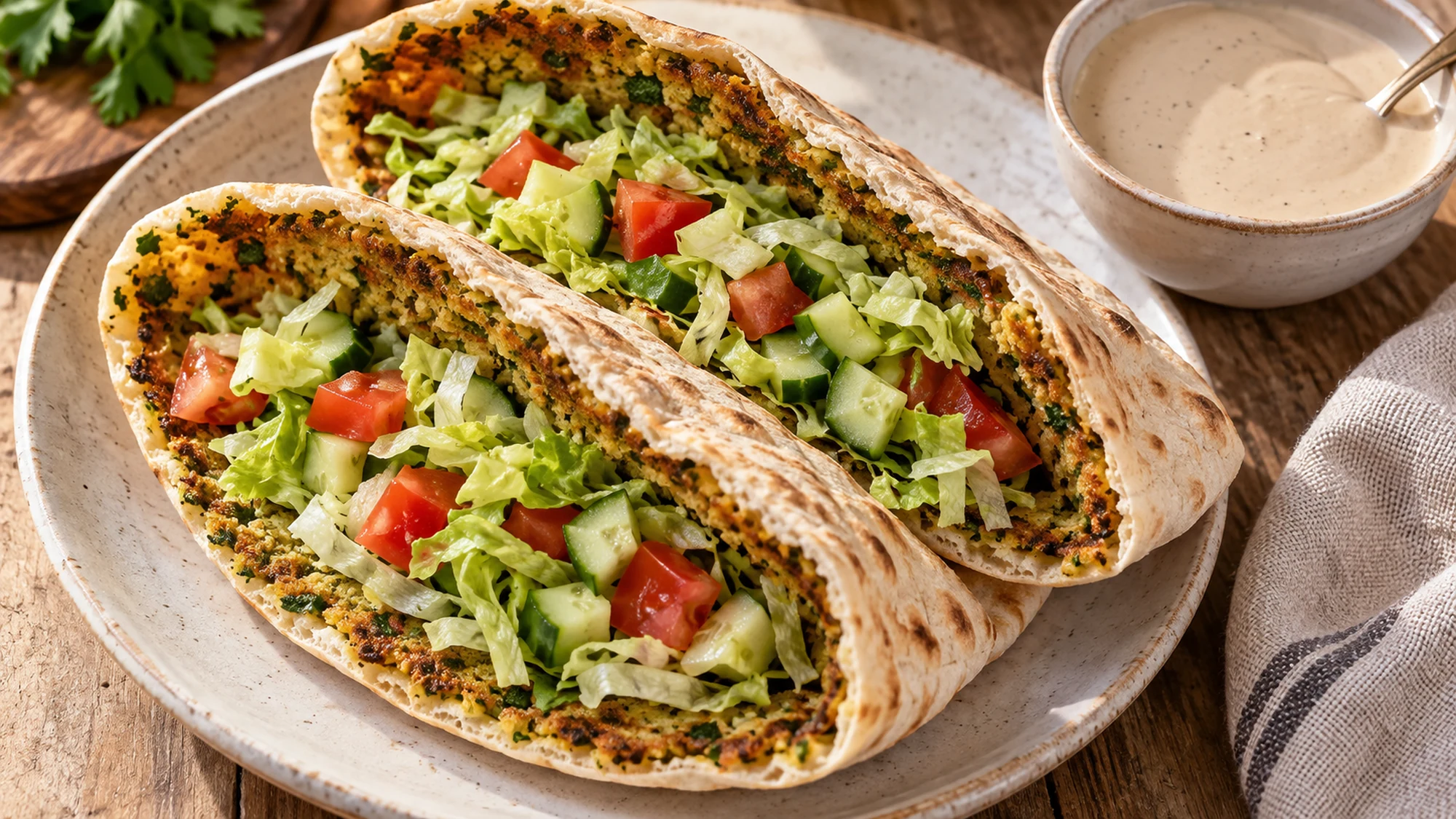 Herb falafel smash pitas beside lemon tahini sauce