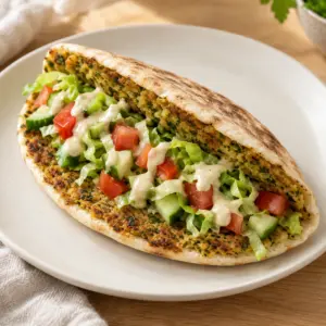Square composition of a single folded falafel smash pita