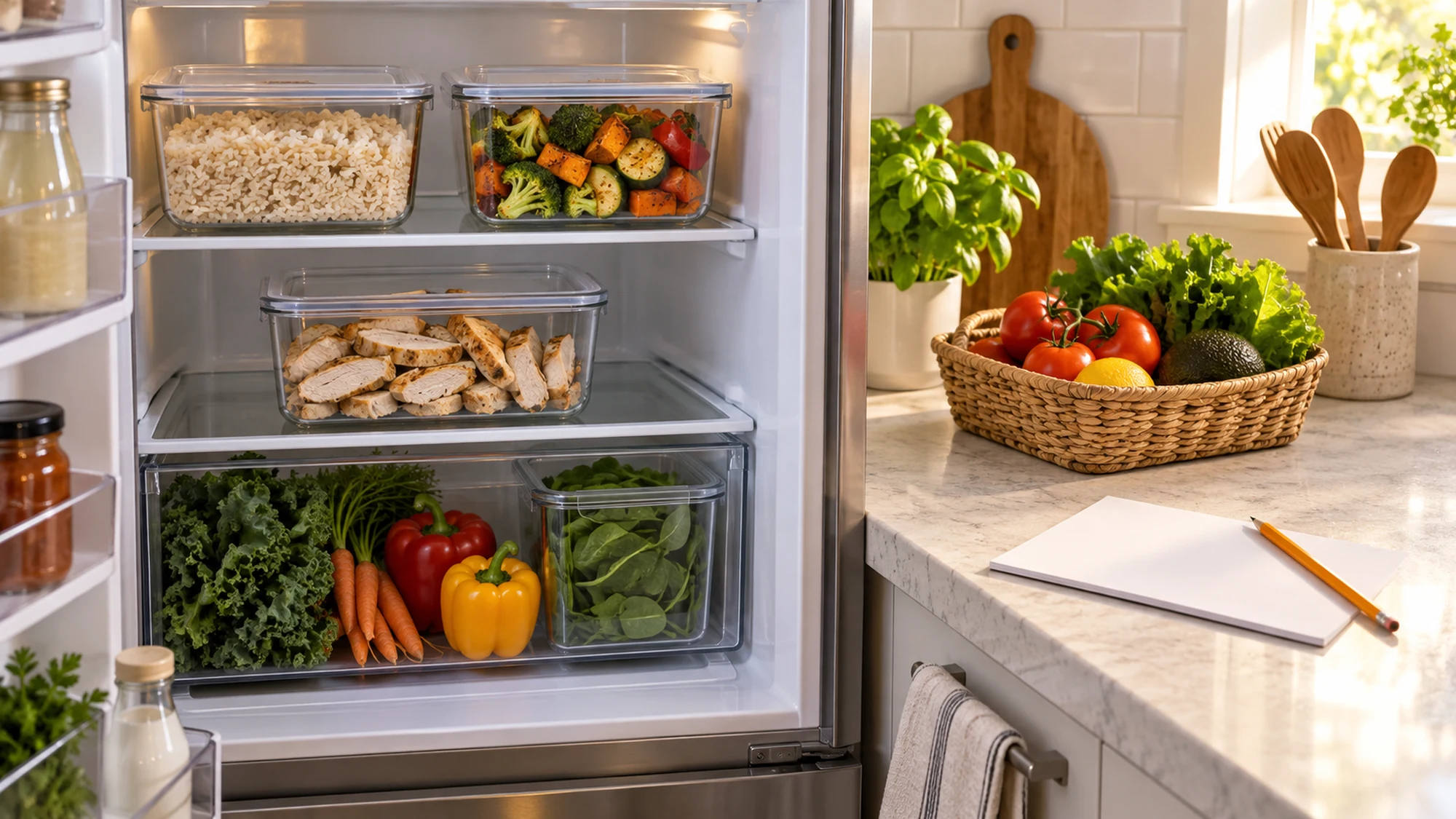 Prepared rice, chicken and vegetables in a refrigerator beside fresh produce and a blank planning sheet