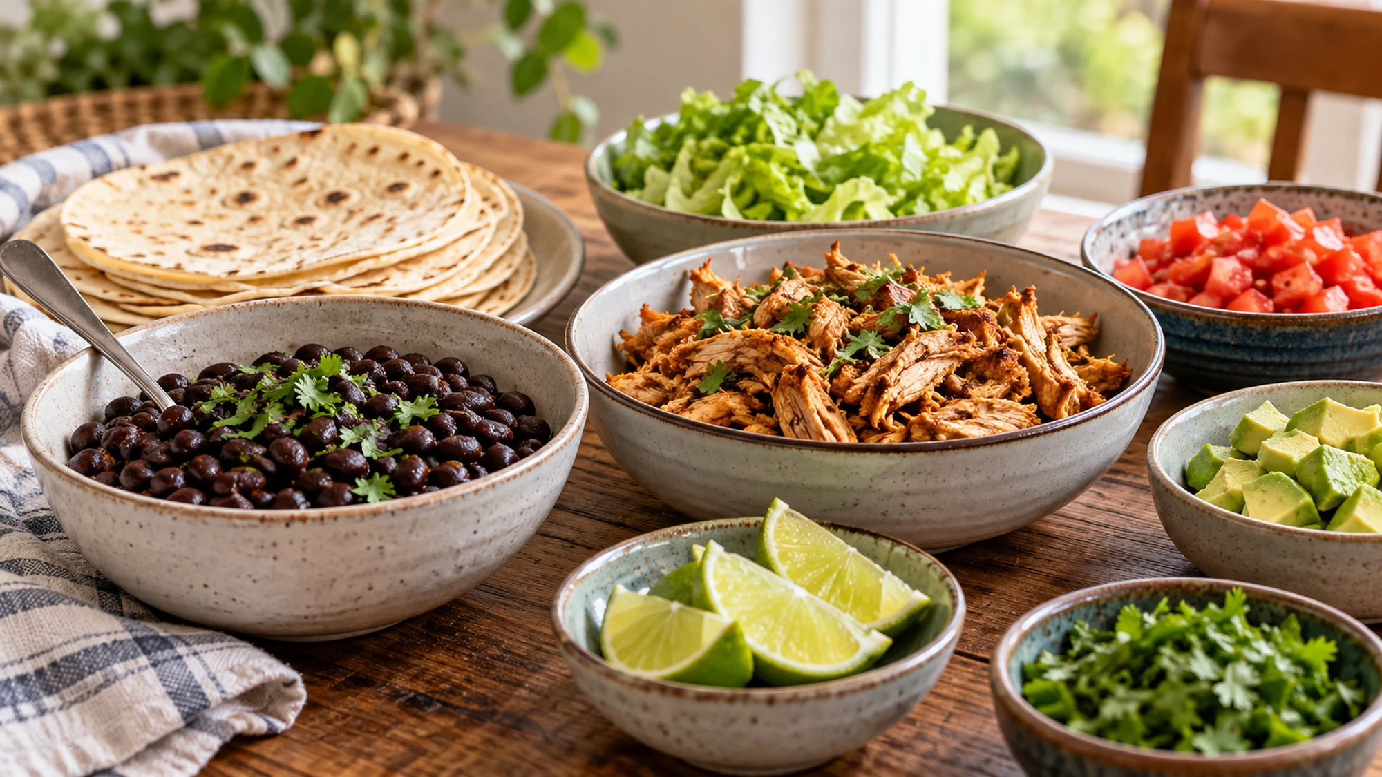 Black bean and chicken taco components with tortillas, lettuce, tomatoes, avocado and lime