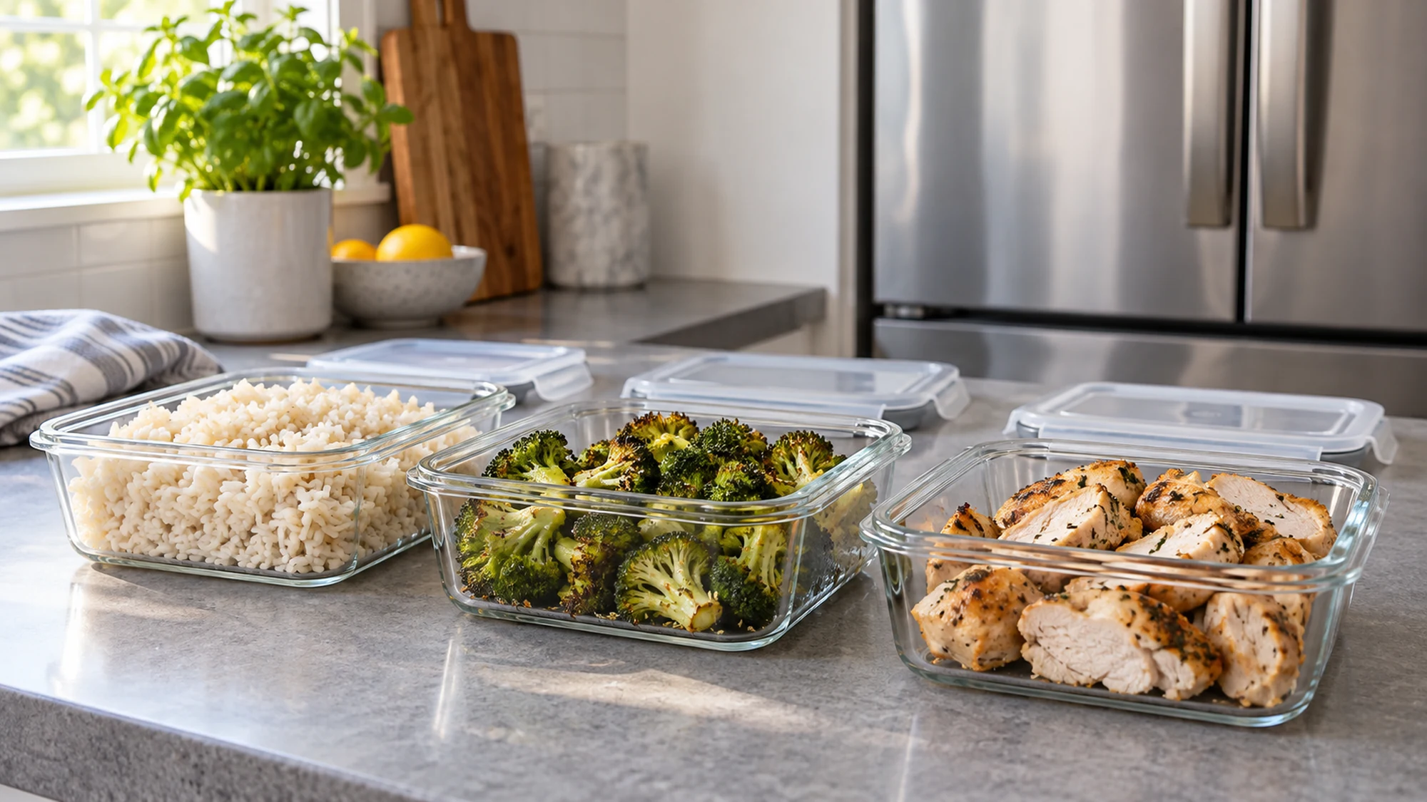 Cooked rice, broccoli and chicken divided into shallow food storage containers