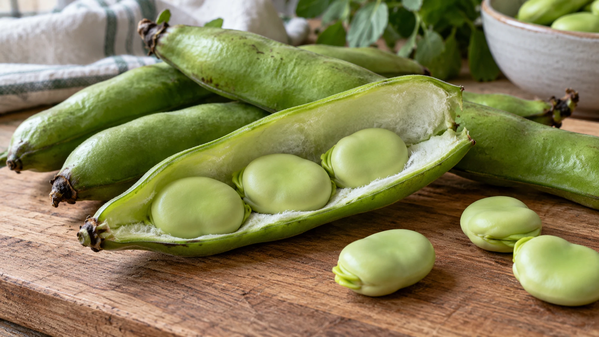 Open green fava pod showing three large beans against its pale lining.
