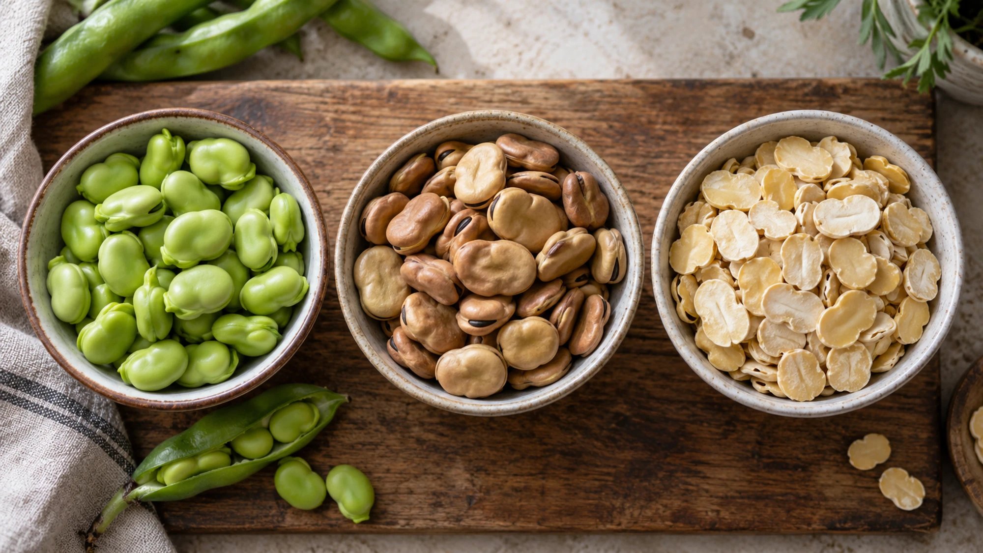Fresh green, whole dried tan and split dried fava beans in separate bowls.