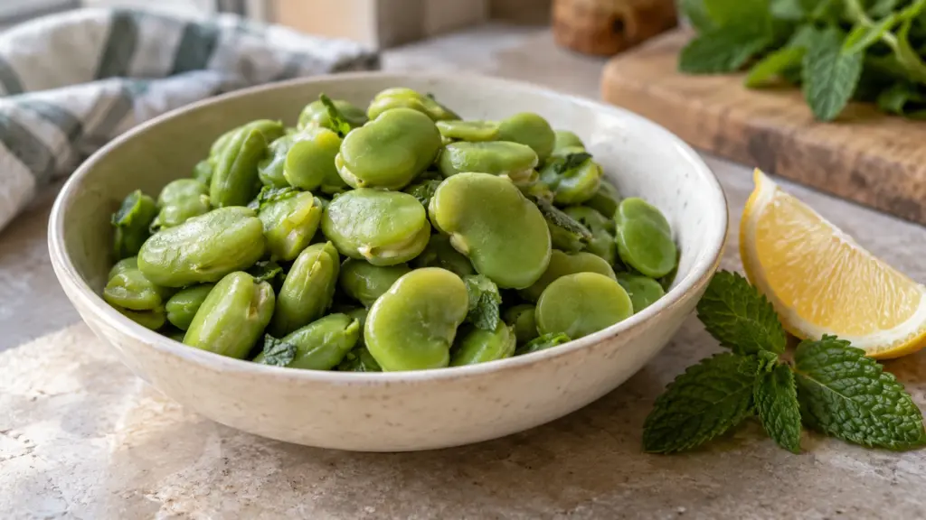 Cooked peeled green fava beans in a shallow bowl with mint and lemon.