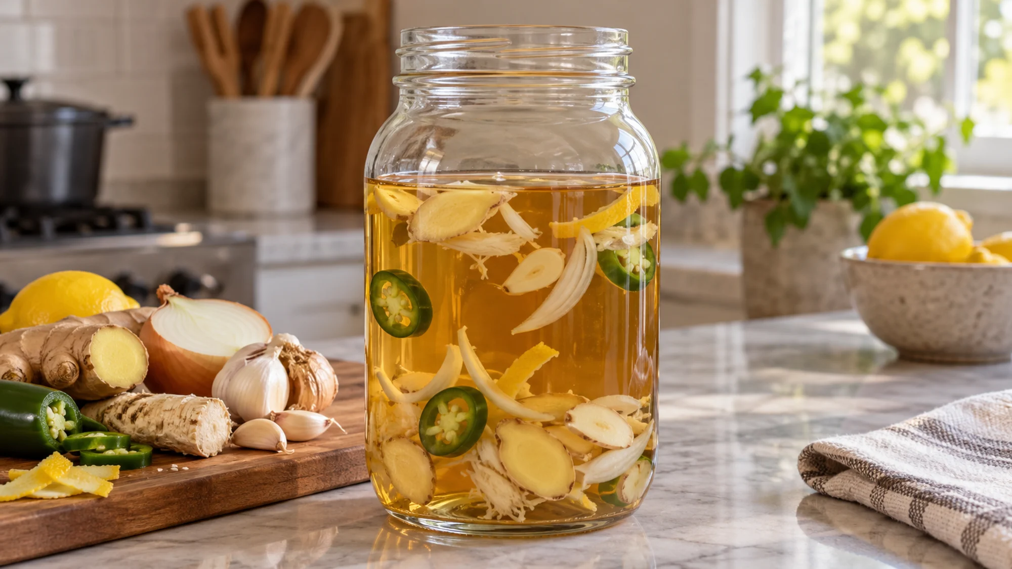 Fire cider infusion with loose thin slices in apple cider vinegar
