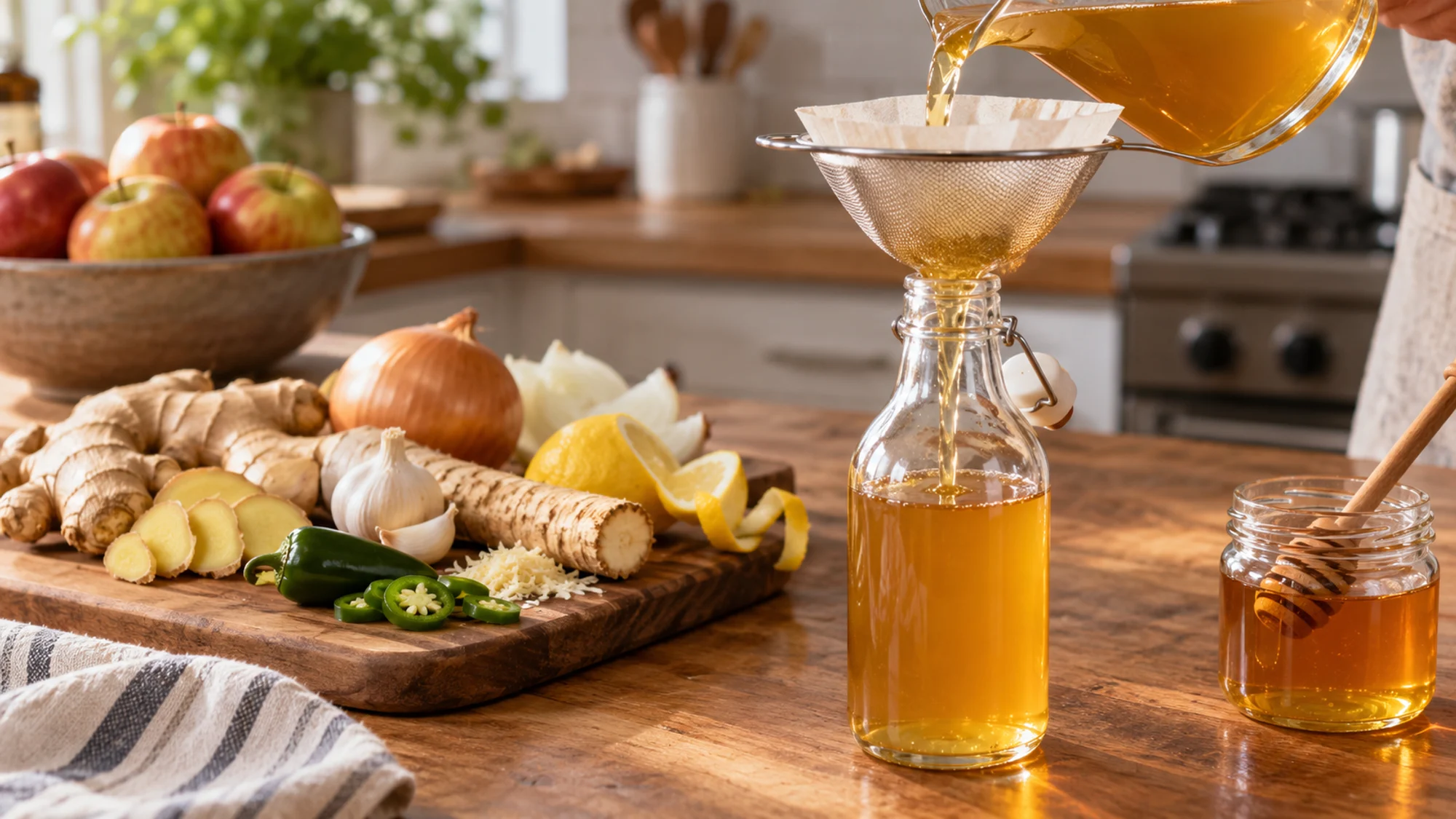 Filtering fire cider into a clean bottle