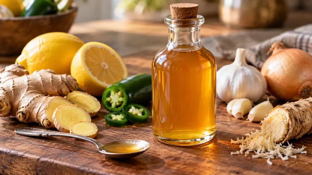 Golden fire cider vinegar with ginger lemon and jalapeno