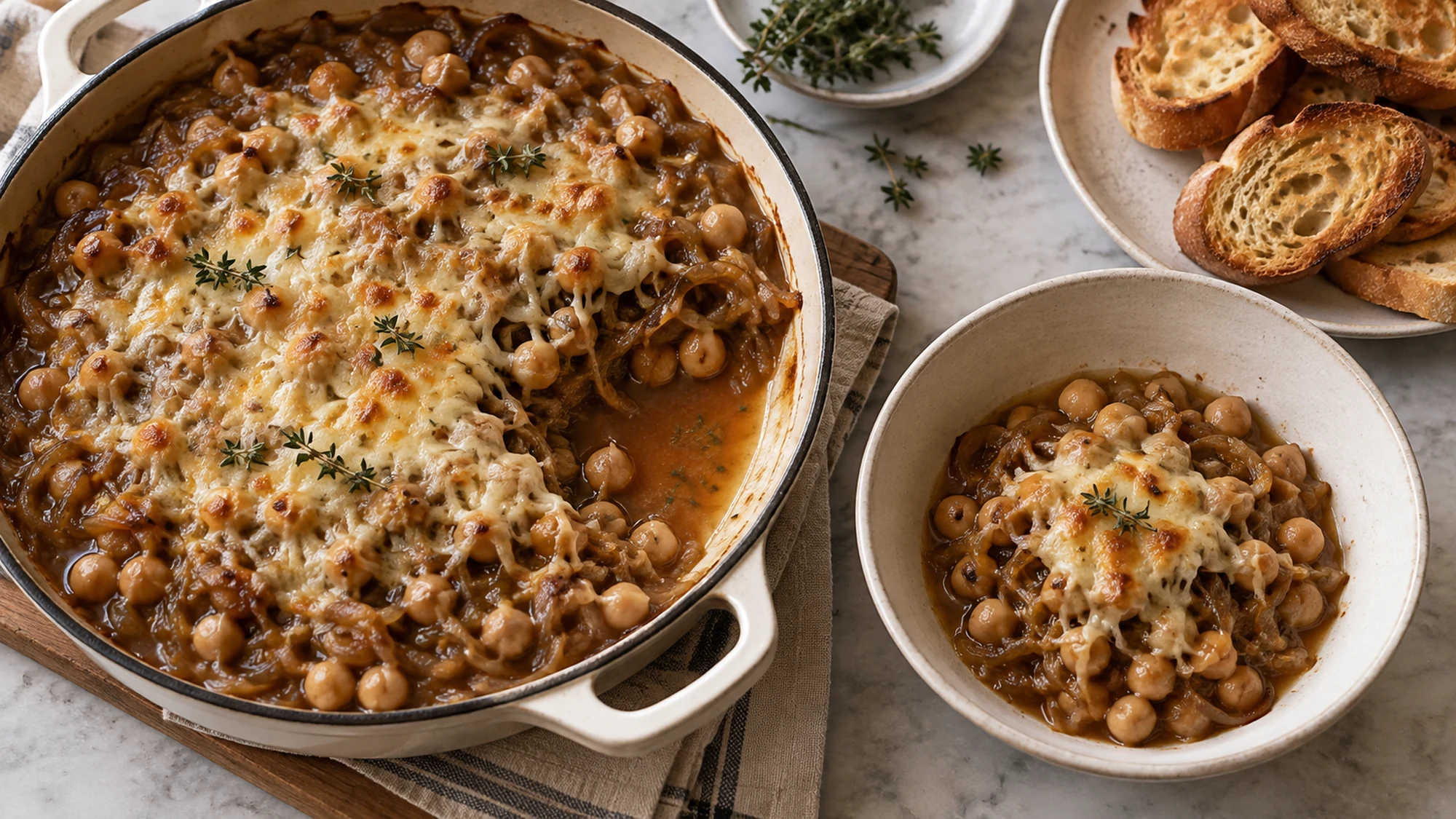 Skillet of cheesy onion chickpeas with a portion served into a bowl and toast alongside