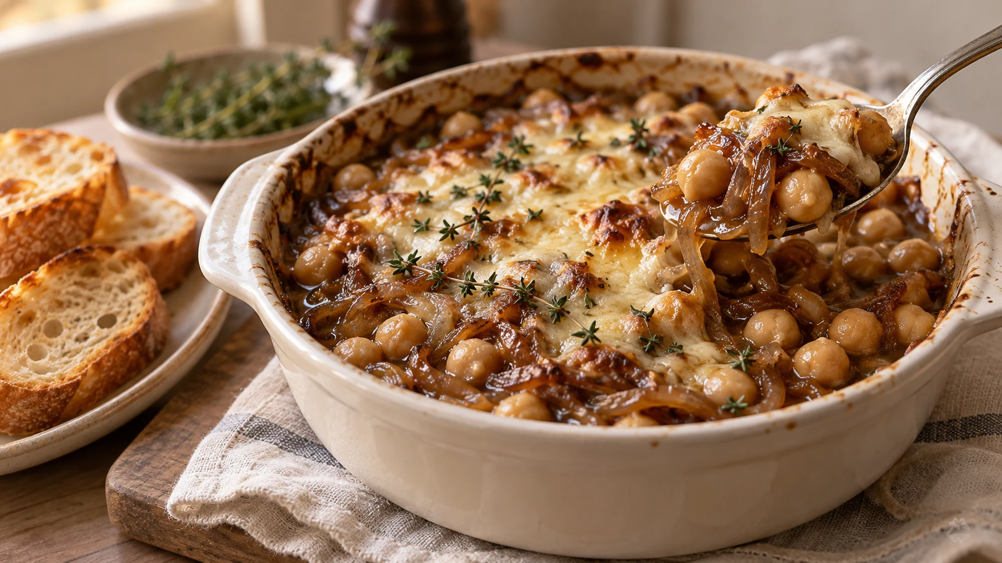 Spoon lifting chickpeas and golden onion strands beneath melted Gruyère