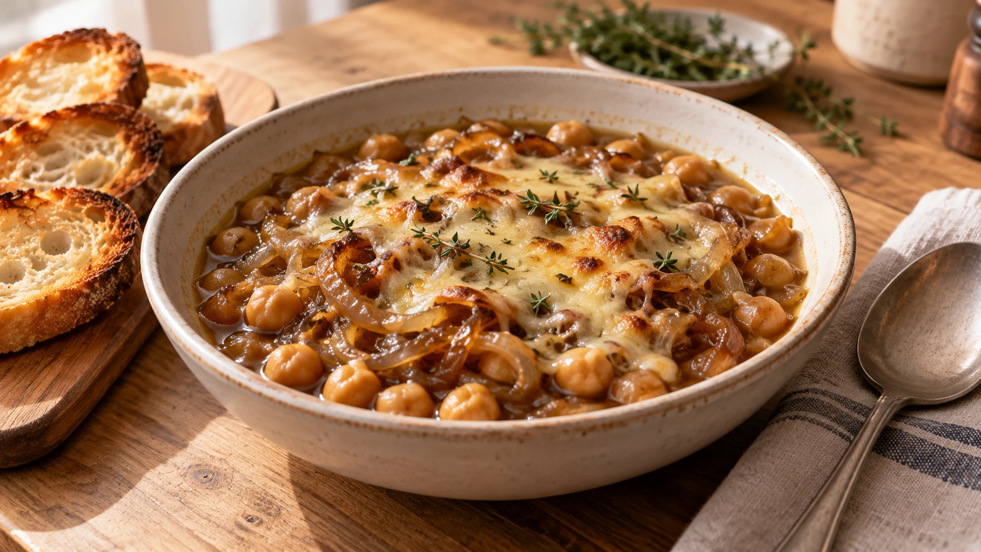 Bowl of French onion chickpeas served beside toasted baguette