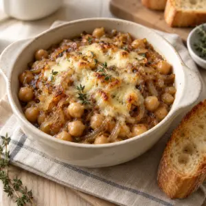 Square view of tender onion chickpeas with golden cheese and toast