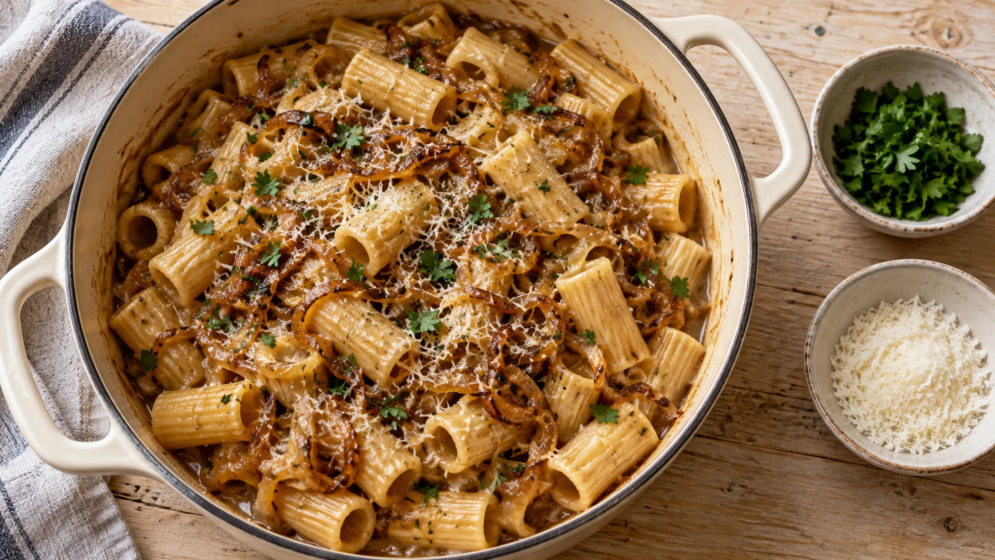 Overhead Dutch oven of French onion rigatoni with a light Parmesan finish