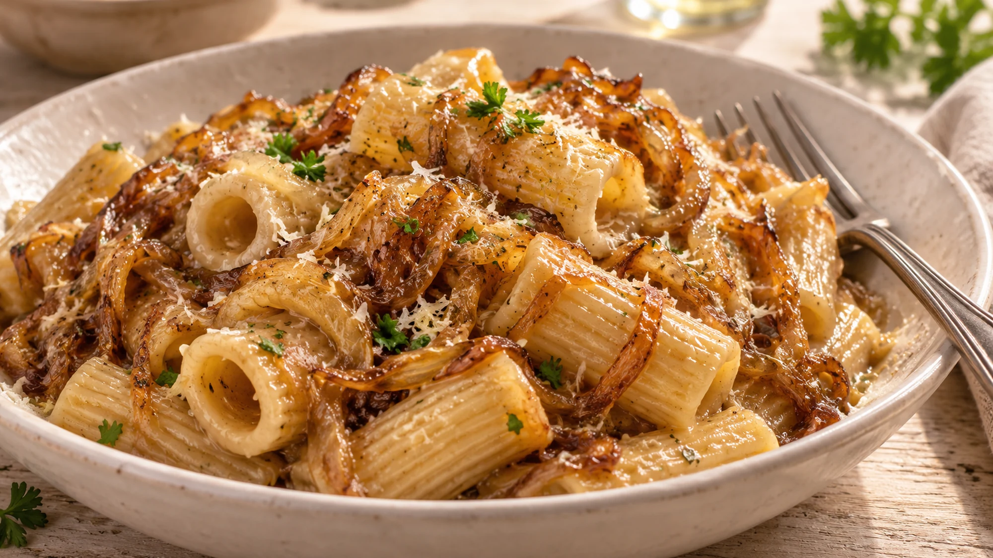 Close view of ridged rigatoni coated in onion sauce and fine Parmesan