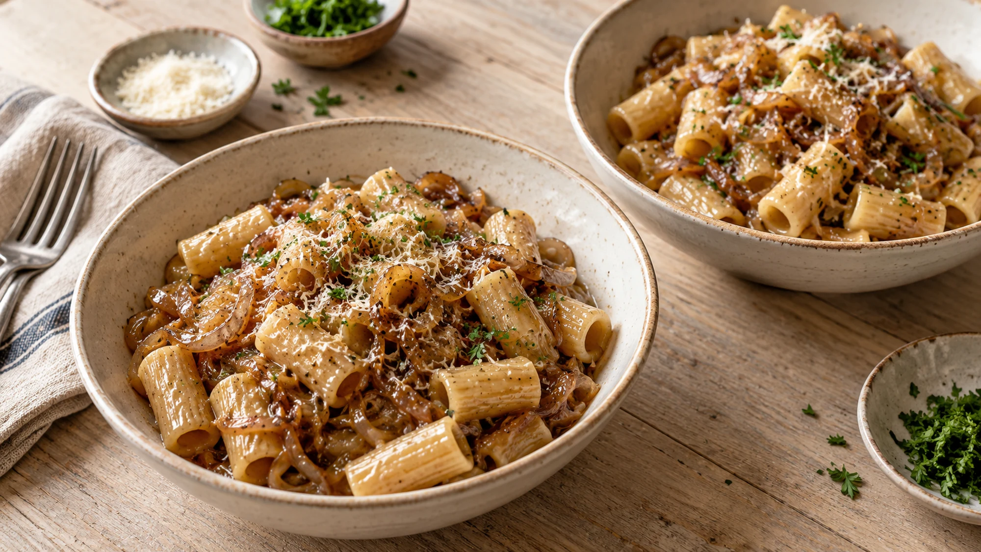 Two bowls of French onion pasta ready for dinner