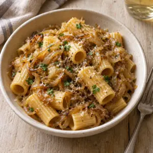 Square view of rigatoni with golden onions, parsley, and Parmesan
