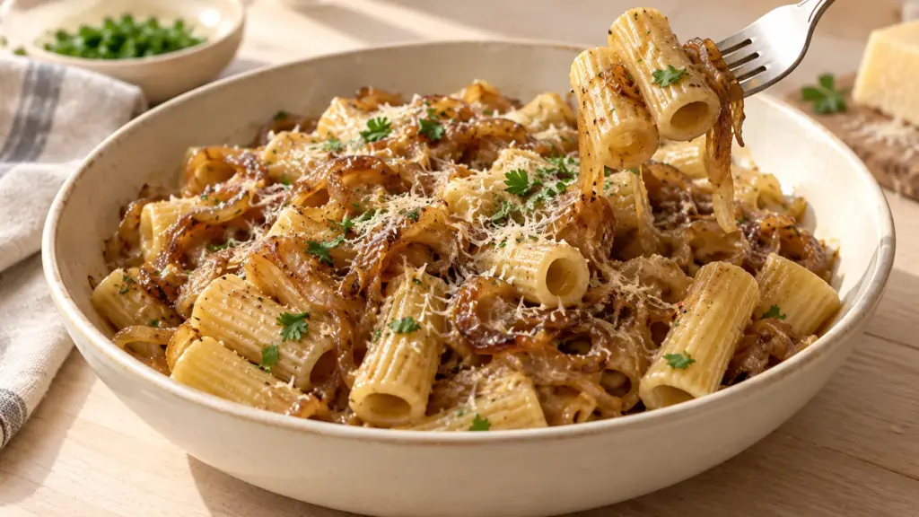 Fork lifting rigatoni and golden onion strands from a creamy French onion pasta bowl