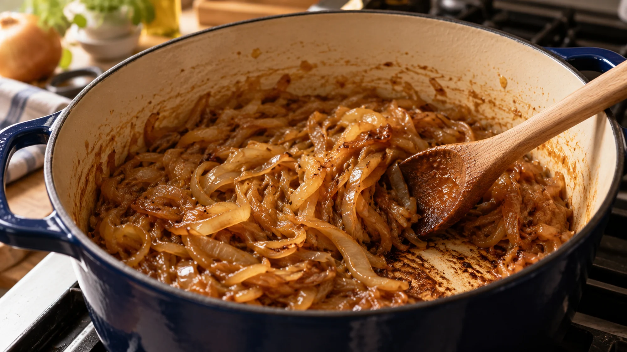 Baguette slices and savory onion broth prepared for French onion soup