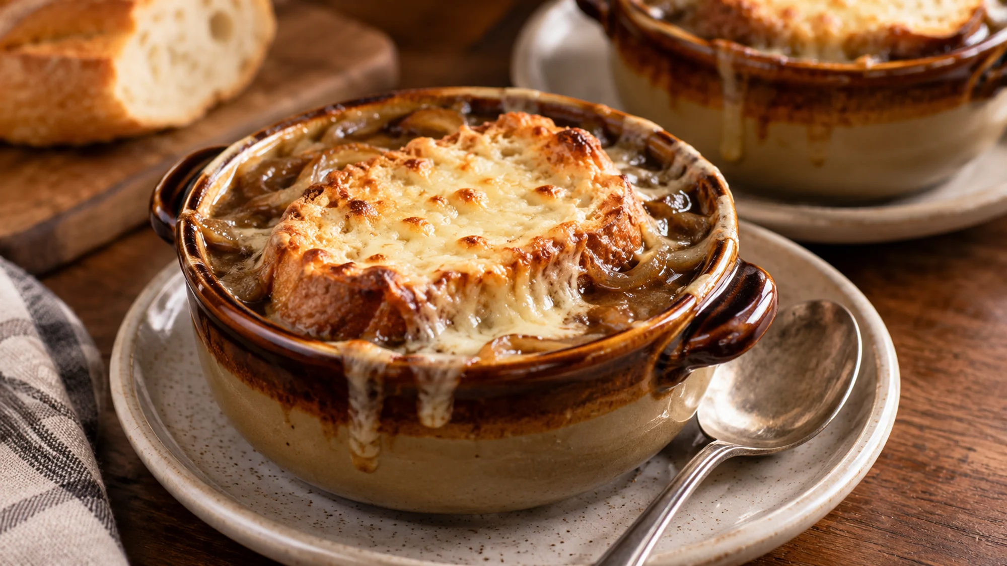 Close view of Gruyère cheese browning over French onion soup