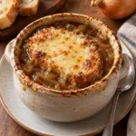 Square view of a finished French onion soup with baguette and melted Gruyère