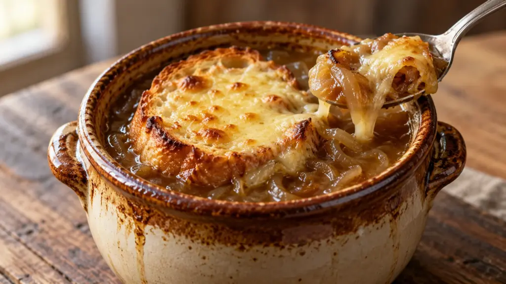 Oven-broiled French onion soup with caramelized onions, baguette, and melted Gruyère
