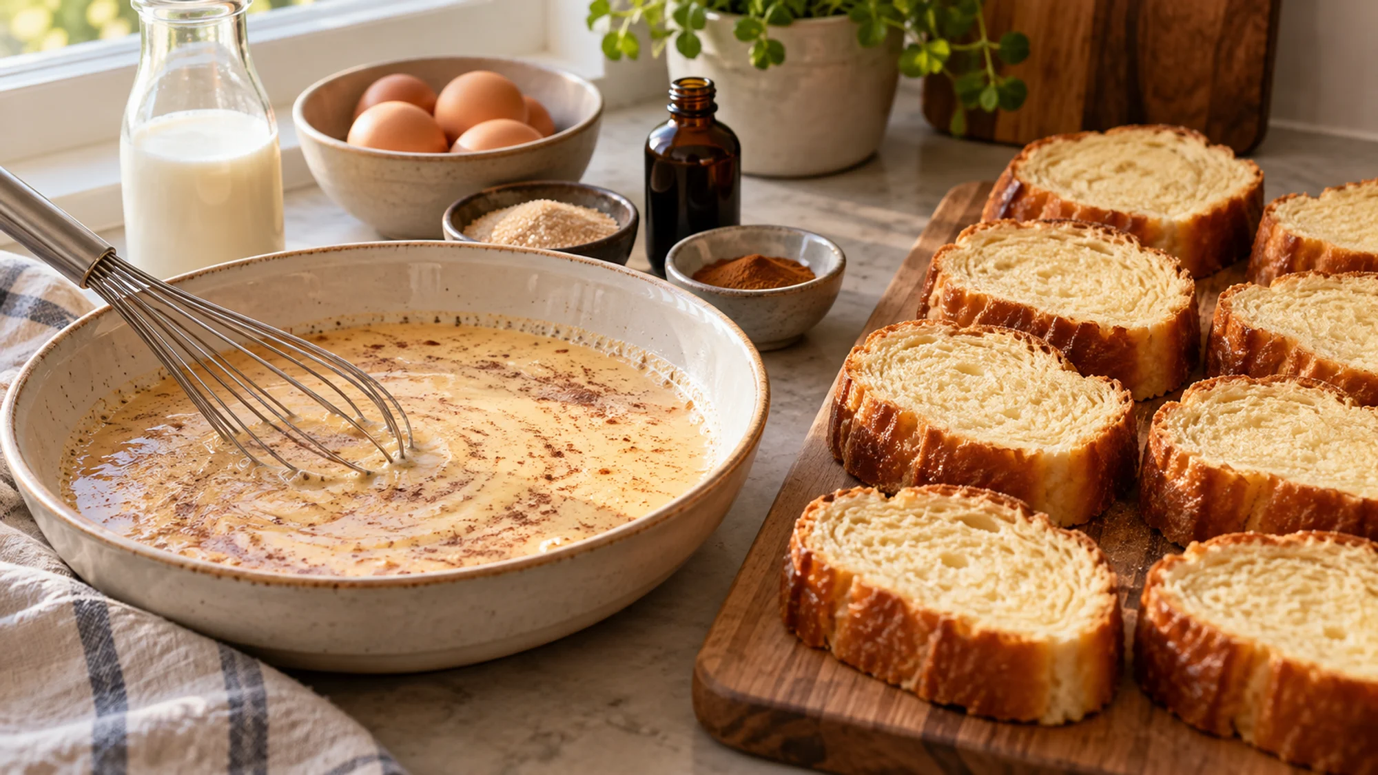 Thick French toast slices with golden edges, berries, and maple syrup