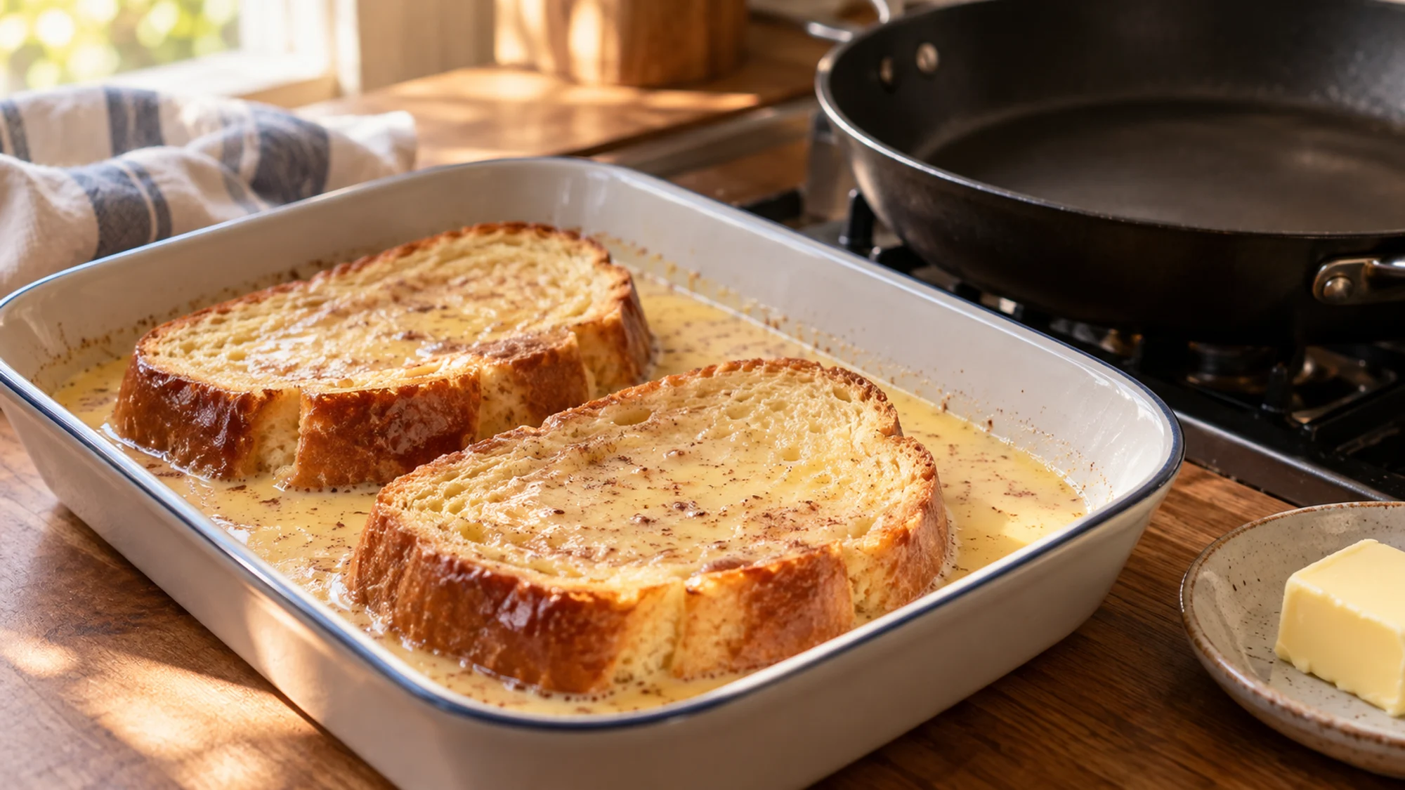 Brioche French toast browning gently in a buttered skillet