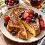 Square view of finished French toast with maple syrup, berries, and soft center