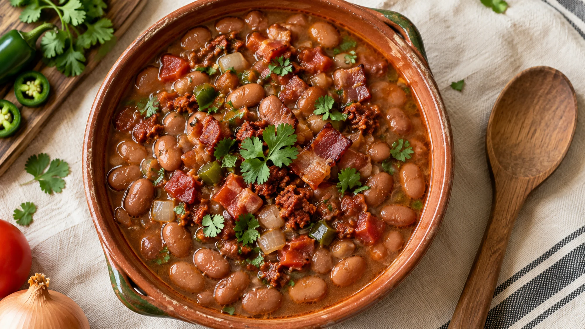 Overhead bowl of brothy frijoles charros with pinto beans, bacon, chorizo, tomato, and cilantro