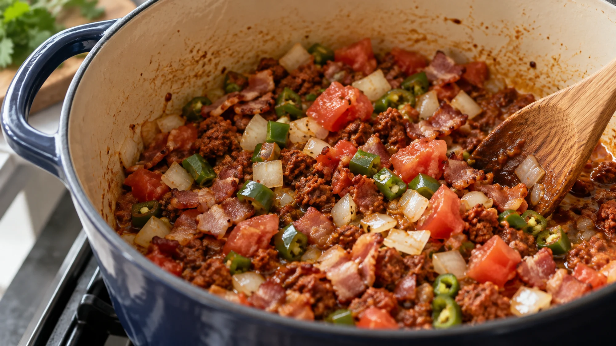 Bacon, Mexican chorizo, and vegetables cooking in a Dutch oven for frijoles charros