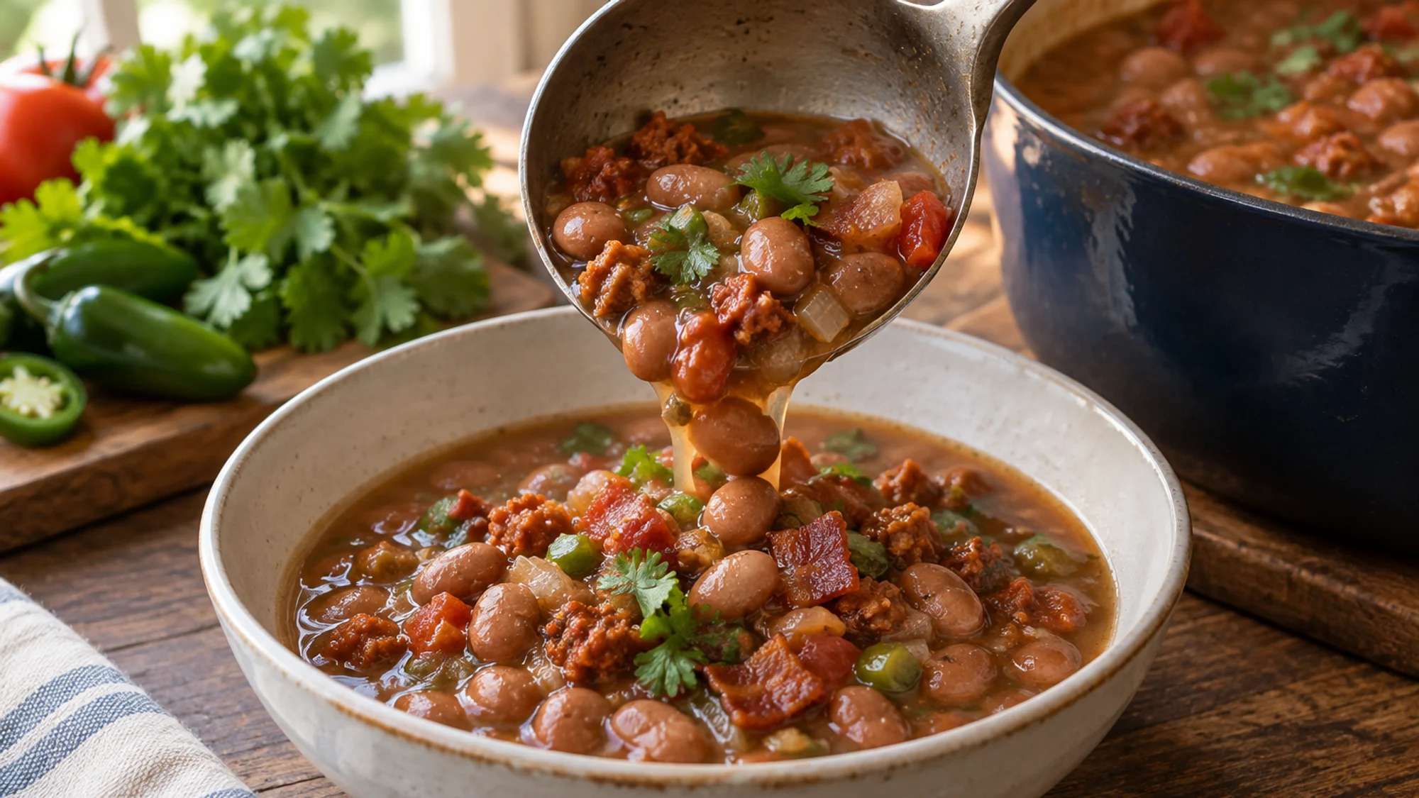Ladle serving brothy frijoles charros into a bowl