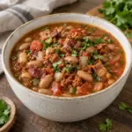 Square image of finished frijoles charros with pinto beans, bacon, chorizo, tomato, and cilantro