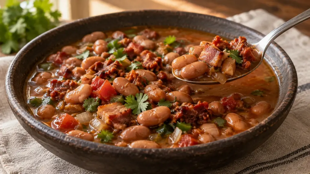 Frijoles charros in a bowl with brothy pinto beans, bacon, chorizo, tomato, jalapeño, and cilantro