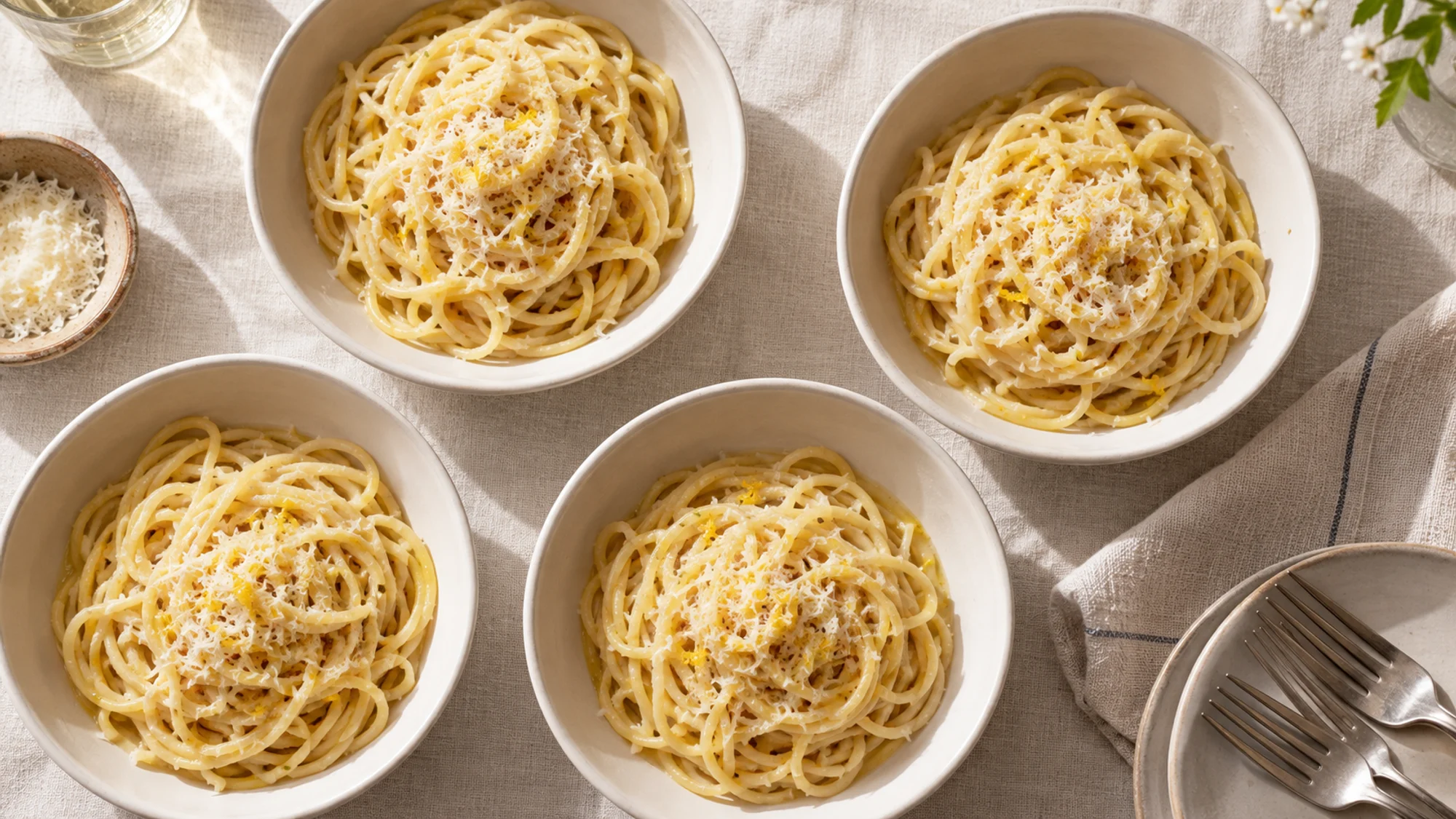 Overhead portions of frozen lemon pasta with a thin silky butter-Parmesan coating