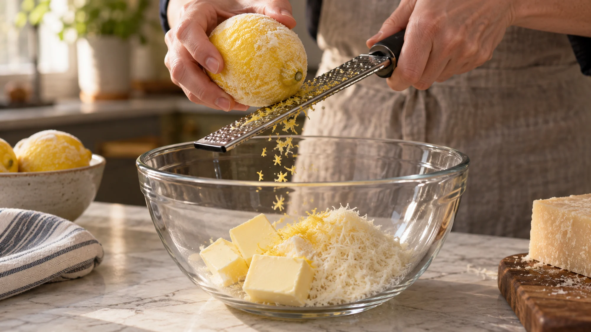 Grating a whole frozen lemon into a bowl of butter and Parmesan for pasta