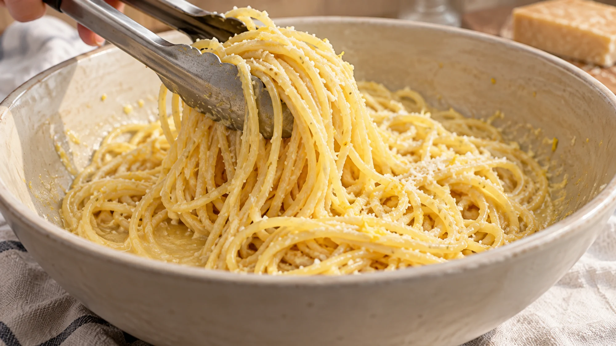 Tossing hot spaghetti with grated frozen lemon, butter, Parmesan, and pasta water