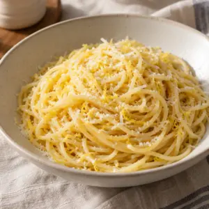 Square serving of frozen lemon pasta with finely grated lemon and Parmesan